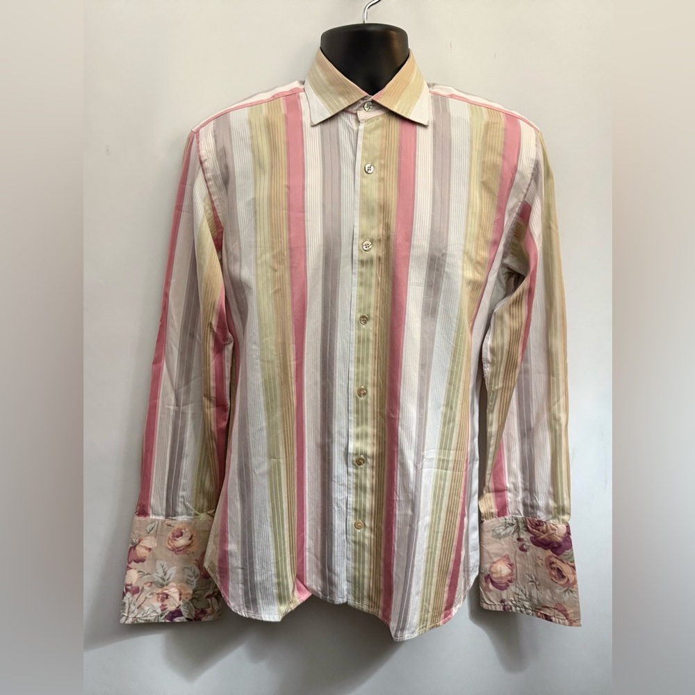 TED BAKER LONDON Mens 15.5/39 Flip Cuff Striped French Cuff Pearl Buttons Sheen - Picture 8 of 14